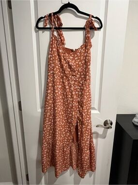 Abercrombie & Fitch Terracotta Floral Tie-Shoulder Midi Dress
